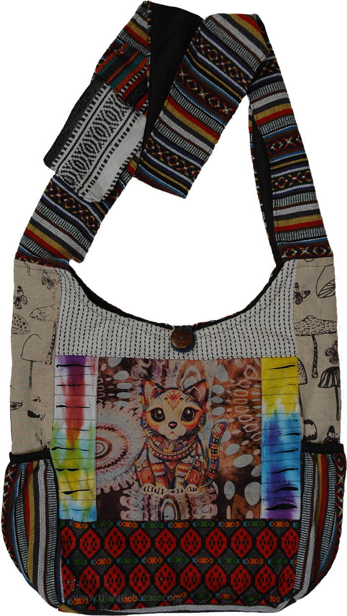 Mystic Cat Cotton Patchwork Hobo Bag