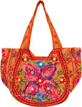 Indian Peach and Orange Embroidered Shoulder Bag with Mirror Work [6086]