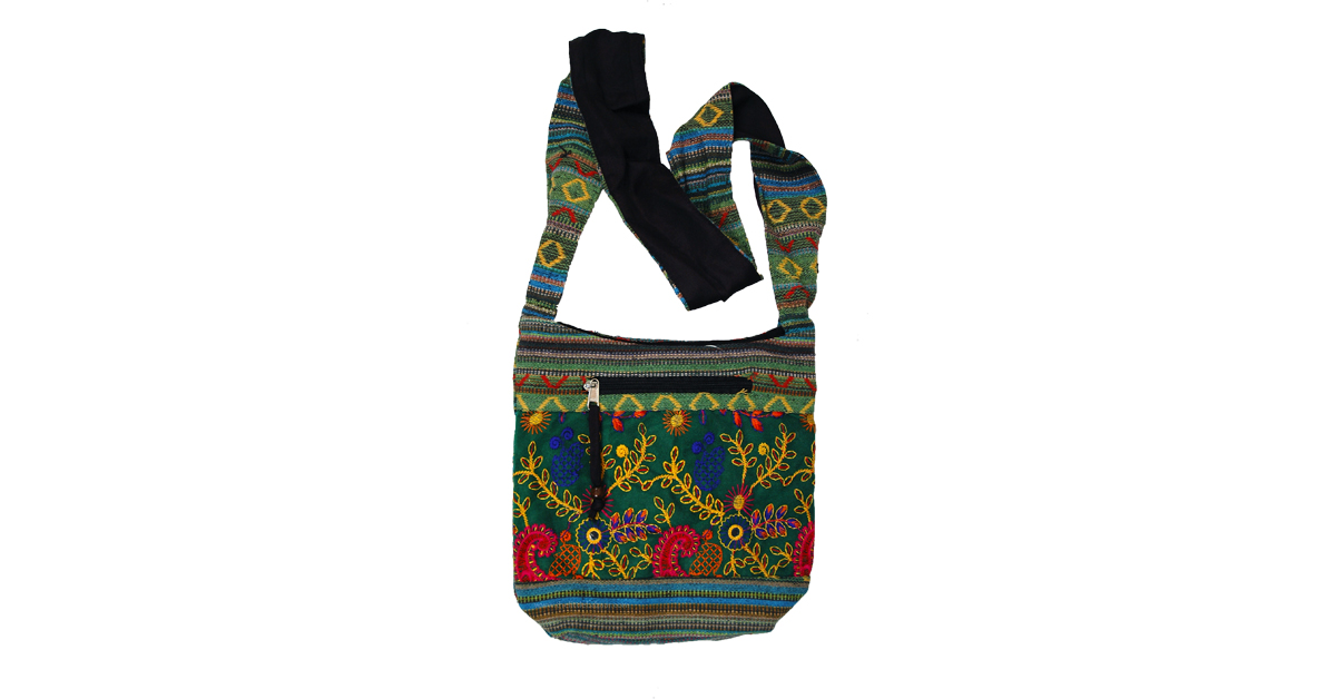 Green Embroidered Cotton Sling Hobo Bag PursesBags Green