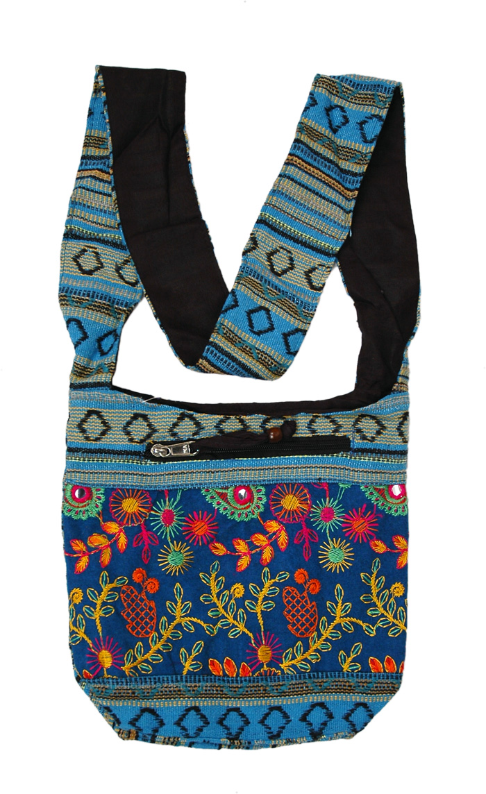 Blue Embroidered Cotton Sling Hobo Bag