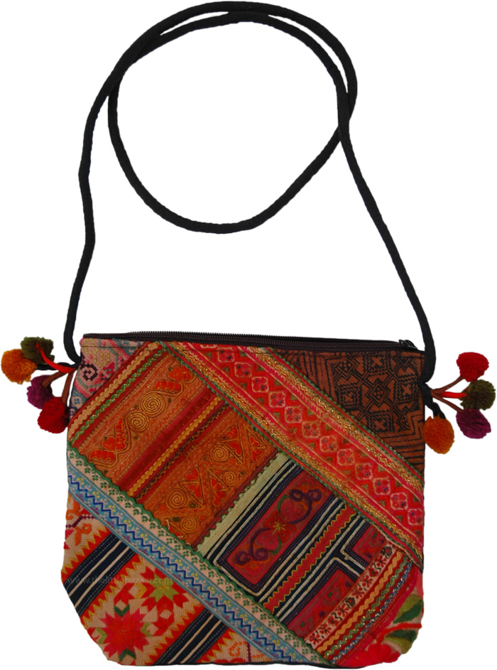 Boho-style linen, embroidery cross-body bag, H'mong tribal pattern