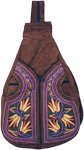 Brown Suede Sling Bag with Purple Floral Patterns