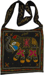 Black Gold Boho Cross Body Bag with Elephant Embroidery