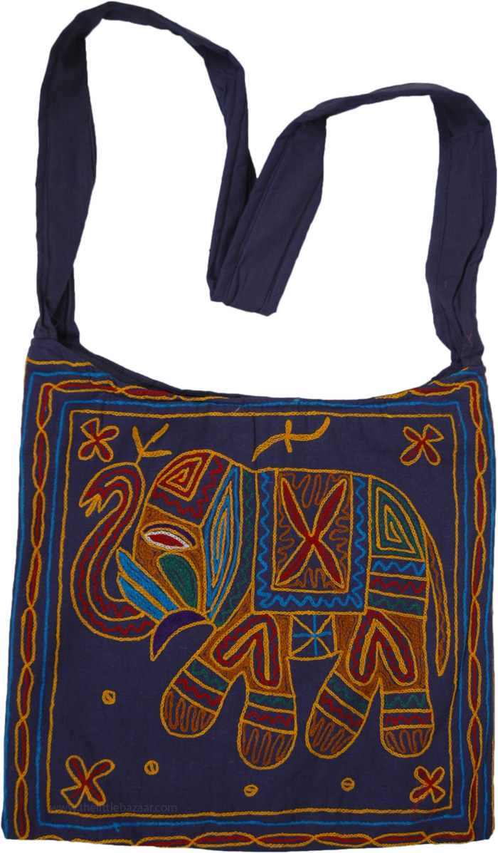 Blue Tribal Cross Body Bag with Elephant Embroidery Purses Bags