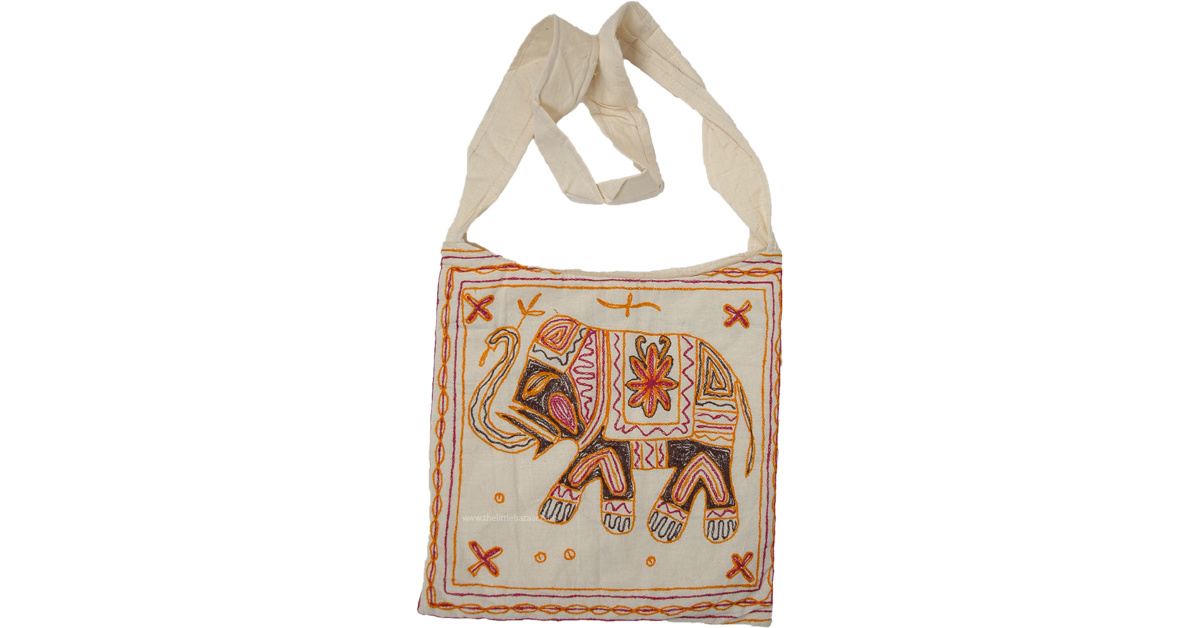 Embroidered Elephant Cream White Cross Body Bag | Purses-Bags
