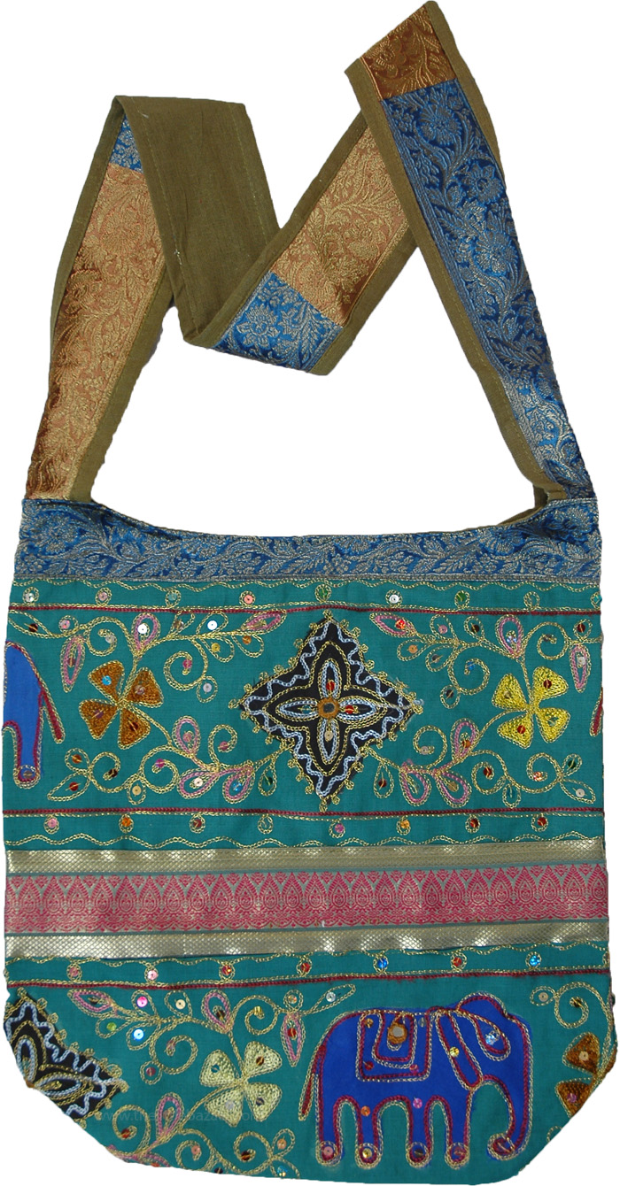 Zari and Thread Embroidery Aqua Green Hippie Bag