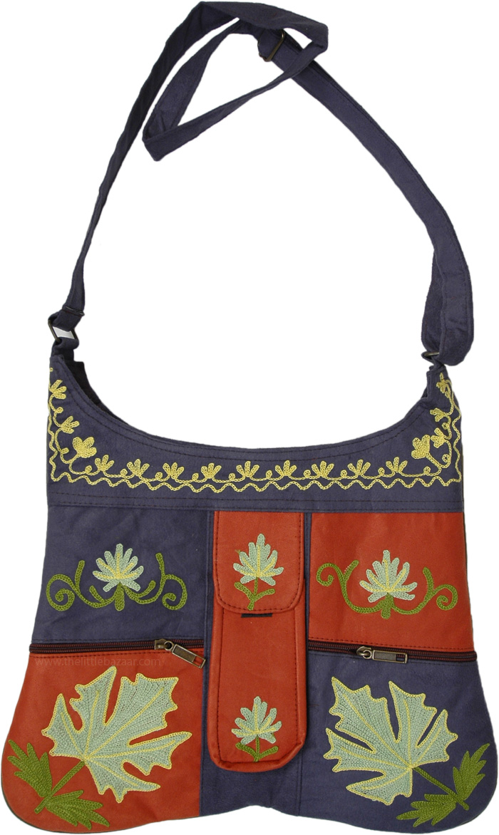 Small Cotton Floral Embroidery Pouch Shoulder Bag with Long Strap