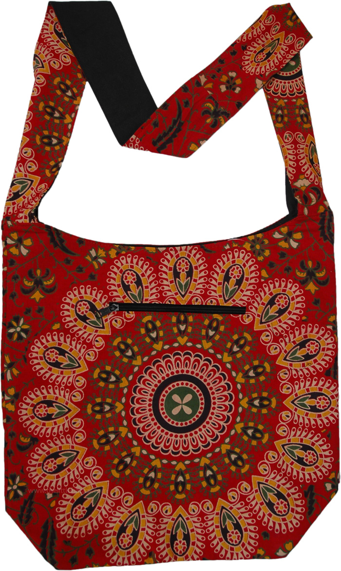 Ethnic Mandala Print Red Cotton Shoulder Bag, Purses-Bags, Red