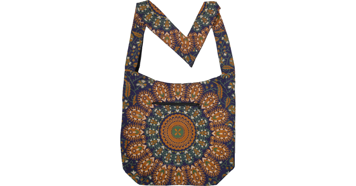 Boho Navy Cotton Shoulder Bag with Mandala Print PursesBags Blue