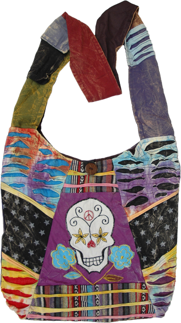 Skull and Flowers Hippie Peace Cotton Bag