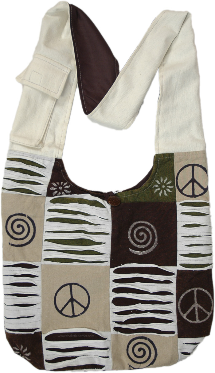 Subtle Hippie Style Peace Brown Cotton Bag, Purses-Bags, Beige