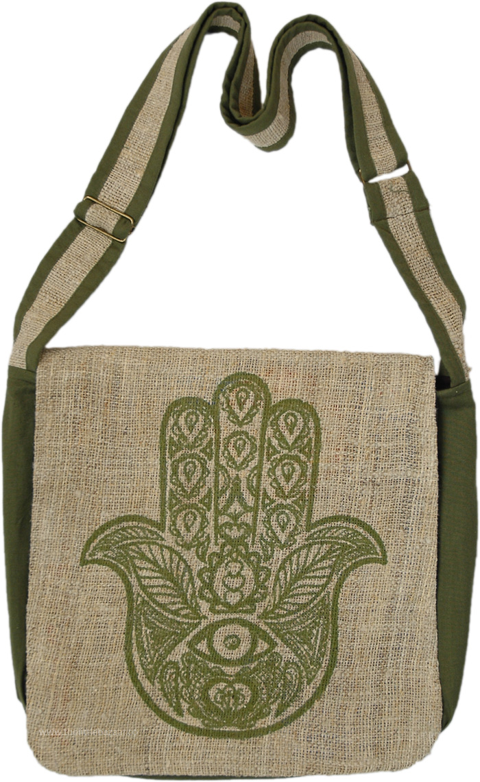 Hamsa Burlap Messenger Flap Hippie Style Bag