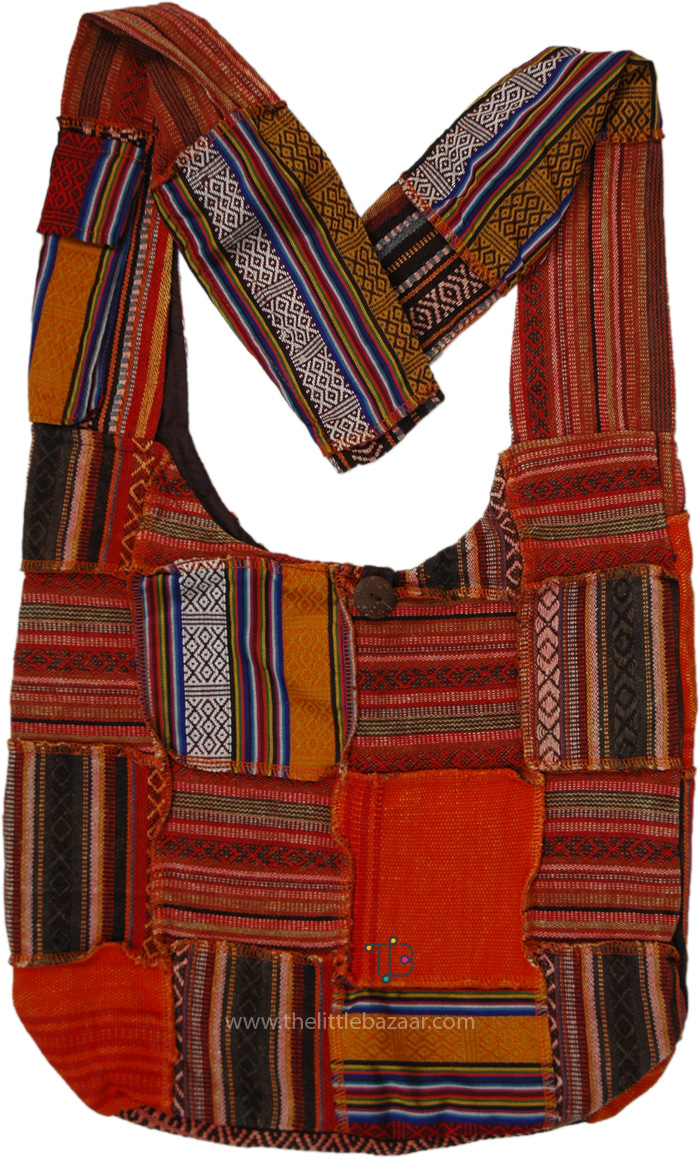 Orange Shoulder Bag with Tribal Prints , Solar Beam Patchwork Boho Festival Bag