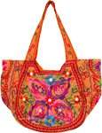 Orange Embroidered Tote Bag in Cotton with Mirrors