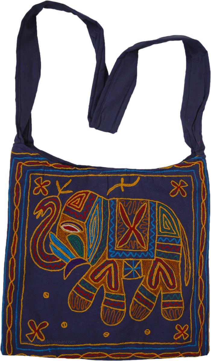 Blue Tribal Cross Body Bag with Elephant Embroidery