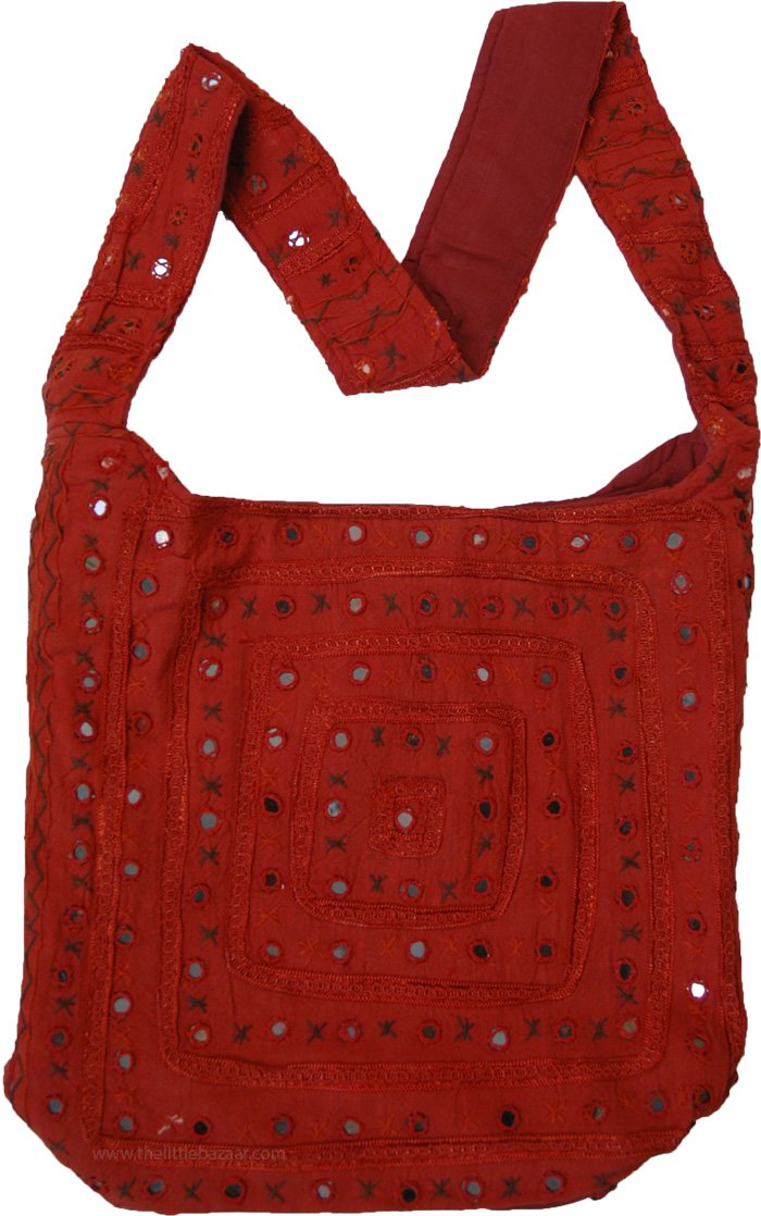 Brick Red Cross Body Boho Bag with Mirrors