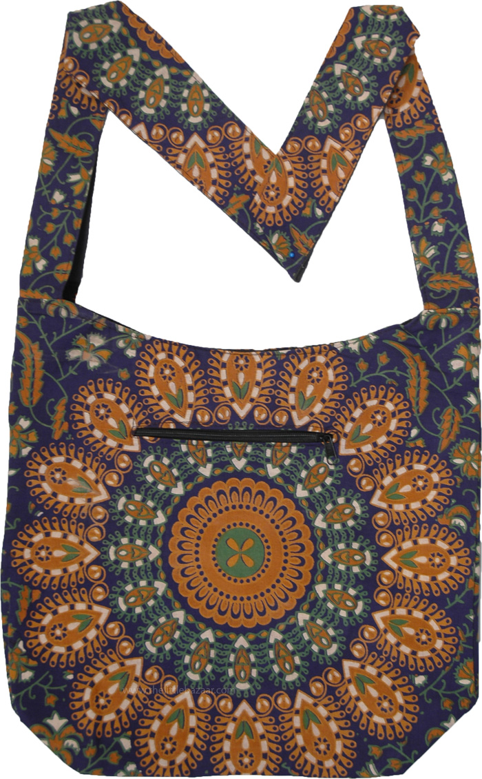 Boho Navy Cotton Shoulder Bag with Mandala Print