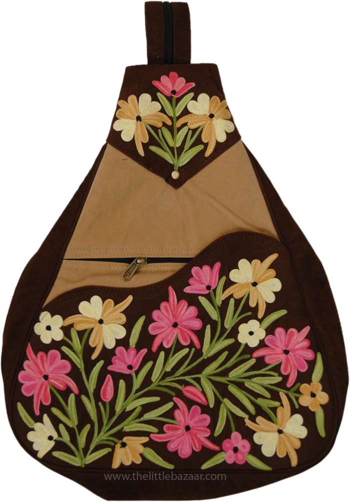 Floral Brown Suede Sling College Bag