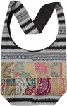 Beige Monochrome Stripes Recycled Patchwork Bohemian Bag