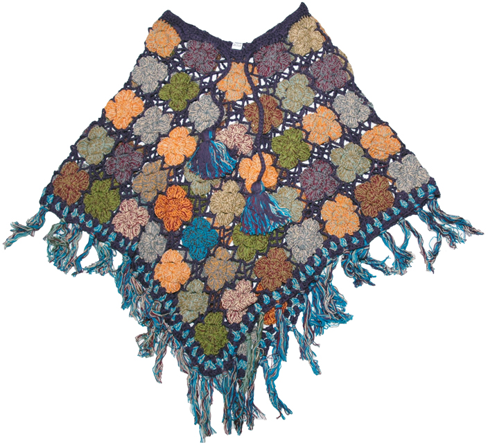 Handworked Crochet Poncho in Martinique Blue