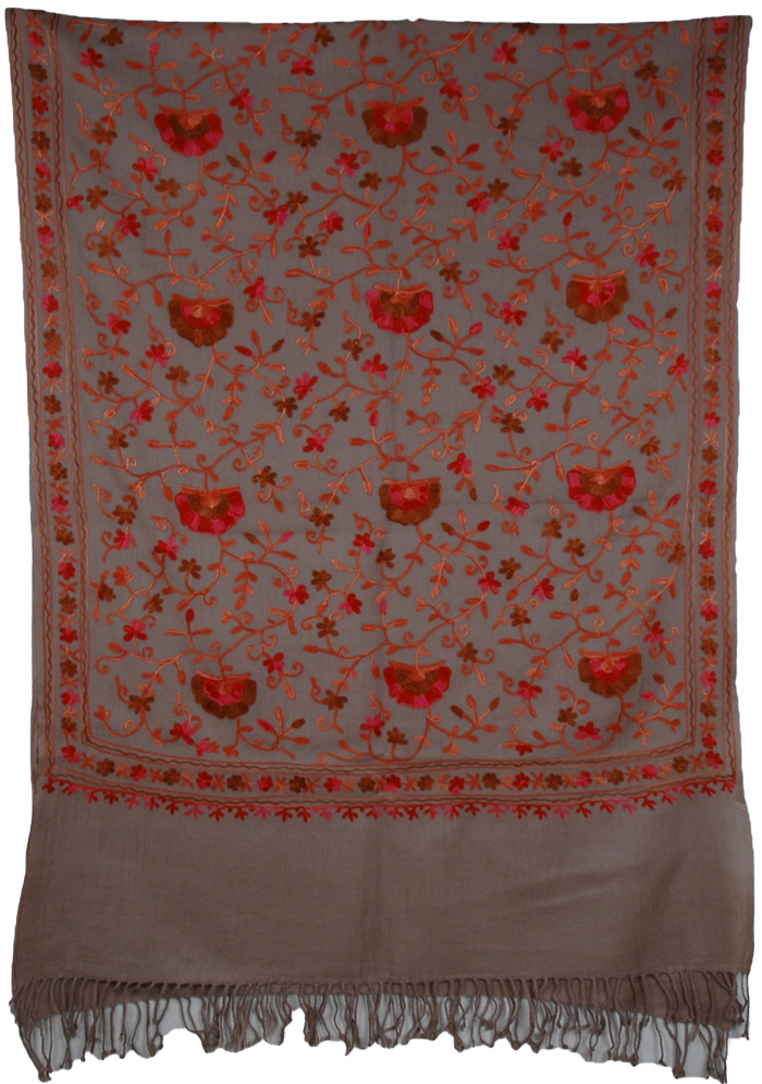 Khakhi Floral Embroidered Stoll