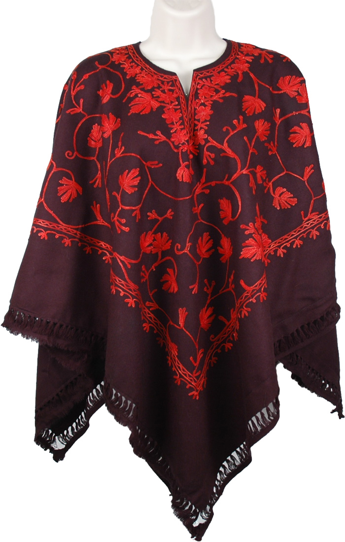 Cinnabar Orange Black Wool Poncho