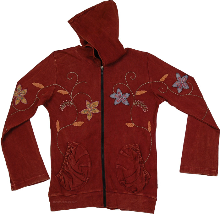 Burgundy Hippe Floral Hooded Jacket