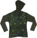 Green Cotton Jacket with Embroidery with Hood and Pockets [3677]