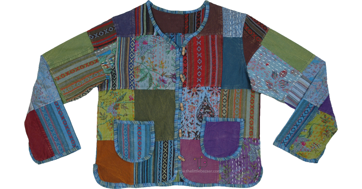 Vibrant Blue Patchwork Boho Cotton Jacket ScarfShawls Blue