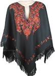 Palm Leaf Green Embroidered Poncho with Fringe