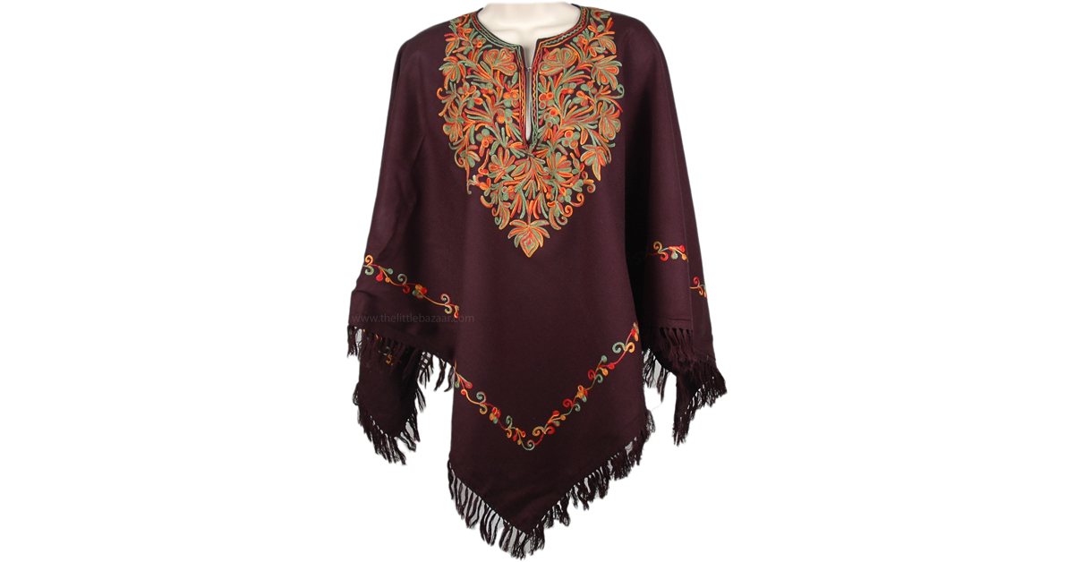 Black Cold Weather Poncho with Fall Embroidery | Scarf-Shawls | Black ...
