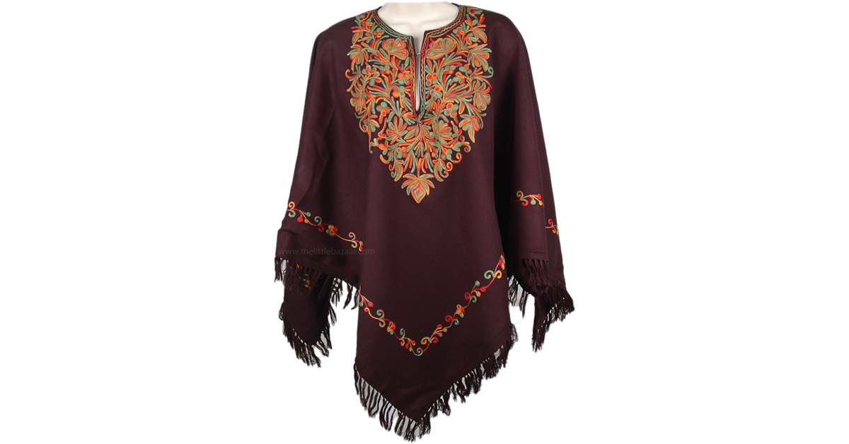 Black Cold Weather Poncho with Fall Embroidery ScarfShawls Black