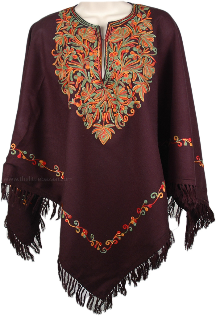 Black Cold Weather Poncho with Fall Embroidery