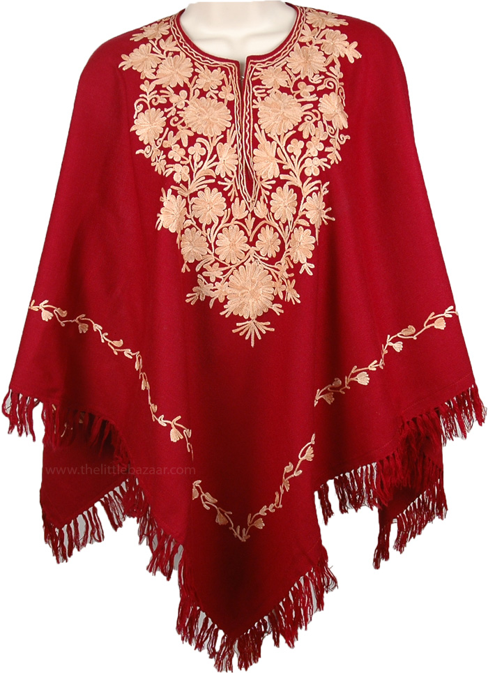 Burgundy Wool Poncho in Champagne Embroidery