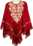 Burgundy Wool Poncho in Champagne Embroidery