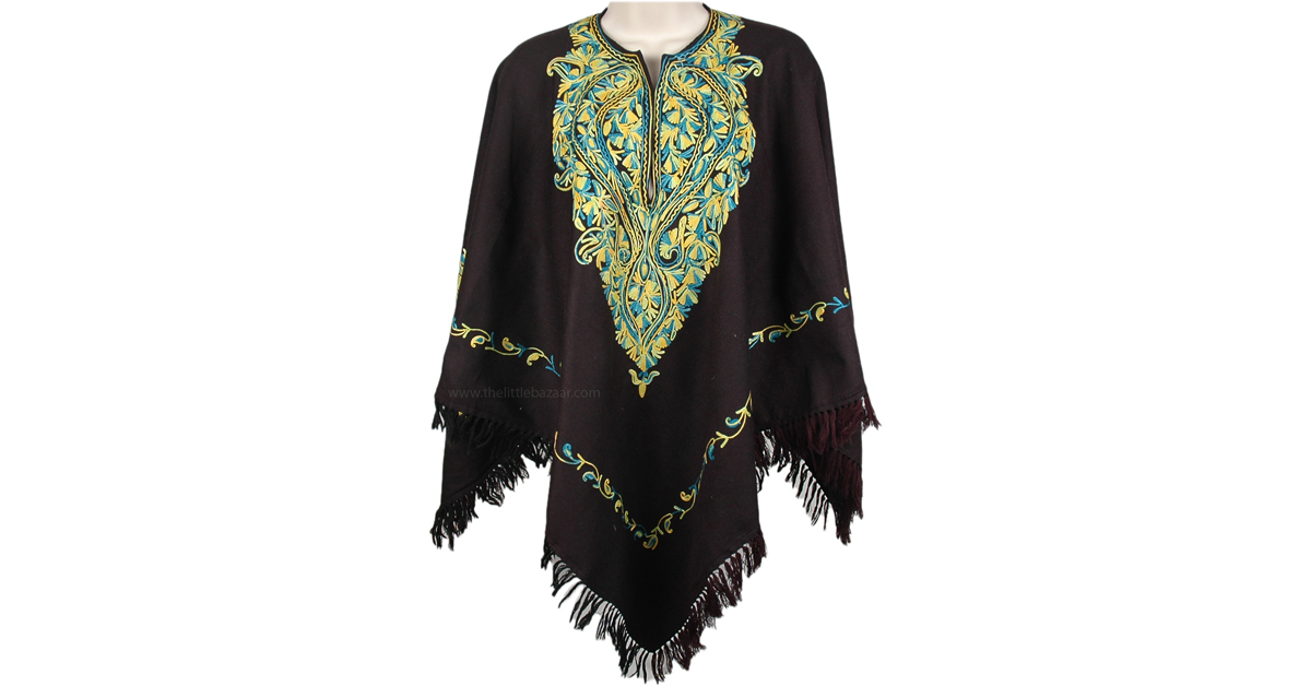 Ladies Embroidered Wool Black Poncho with Fringe | Scarf-Shawls | Black ...