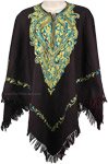 Ladies Embroidered Wool Black Poncho with Fringe