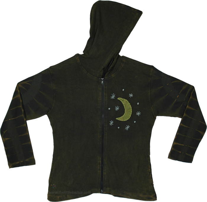Luna Sage Jacket with Embroidery with Hood and Pockets, Crescent Moon Celestial Boho Hooded Zip Jacket