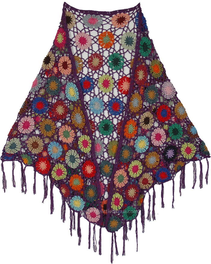 Amethyst Crochet Patch Poncho in Fall Colors, Purple Meadow Floral Crochet Poncho Stole