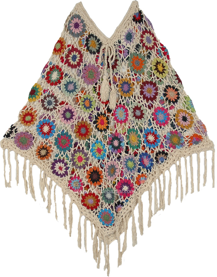 Multicolor Floral Artisan Crocheted Festival Poncho