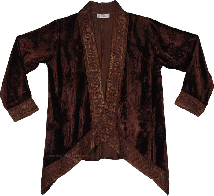 Choco Velvet Open Front Jacket with Satin Trim