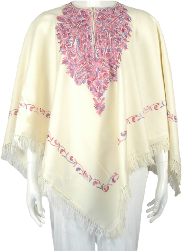Dusky White Kashmiri Wool Poncho with Floral Embroidery