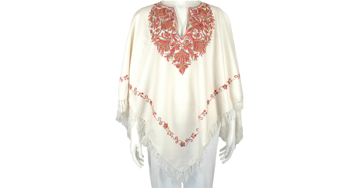 Creamy White Kashmiri Wool Poncho with Floral Embroidery  display picture 1