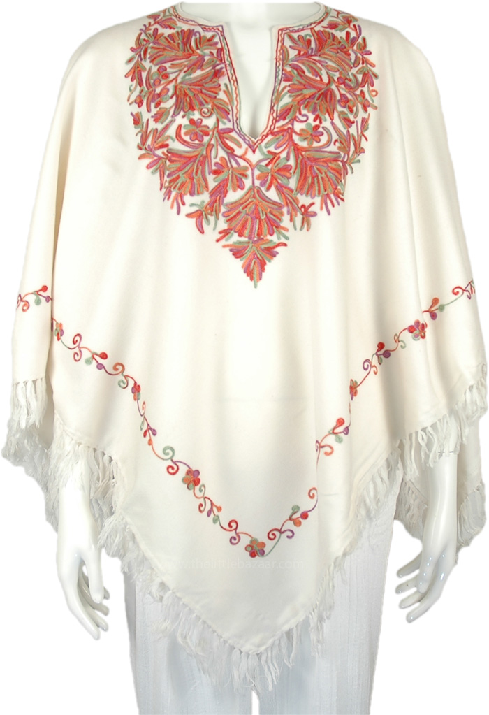 Creamy White Kashmiri Wool Poncho with Floral Embroidery