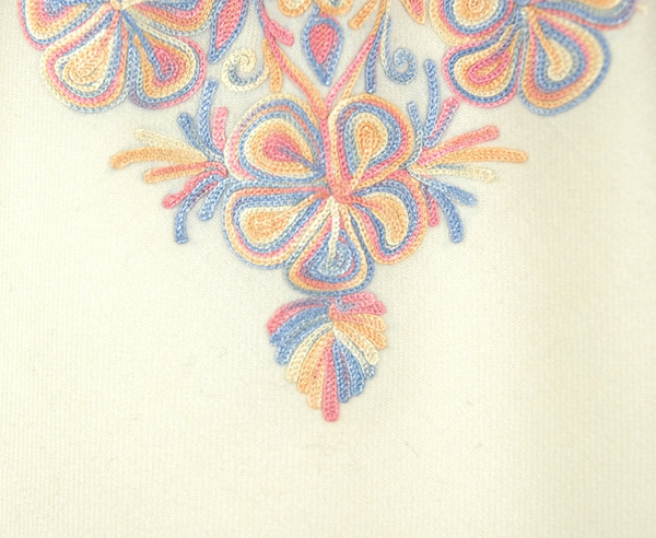 Pearl White Kashmiri Wool Poncho with Floral Embroidery