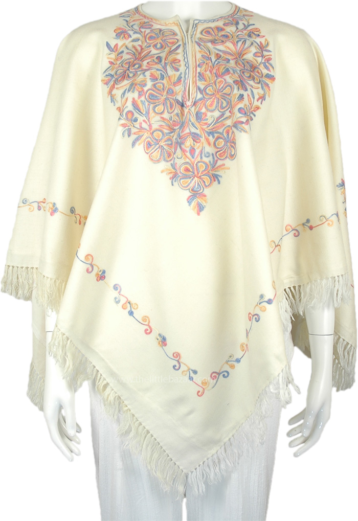 Pearl White Kashmiri Wool Poncho with Floral Embroidery | Scarf-Shawls |  White | Embroidered, Junior-Petite, Misses, Gift,