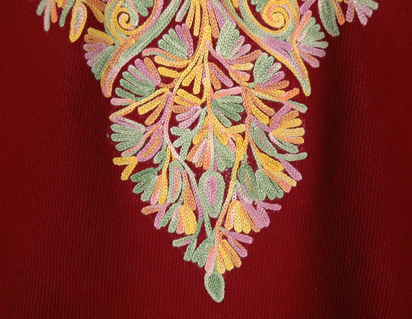 Royal Maroon Kashmiri Wool Poncho with Floral Embroidery