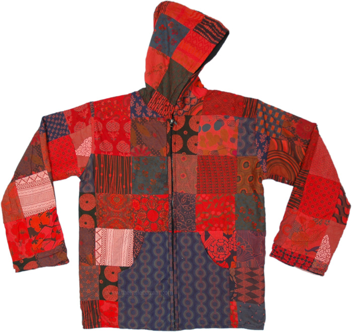 Red Hippie Patchwork Cotton Hoodie with Fleece | Scarf-Shawls | Red ...