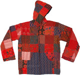 Red Hippie Patchwork Cotton Hoodie with Fleece