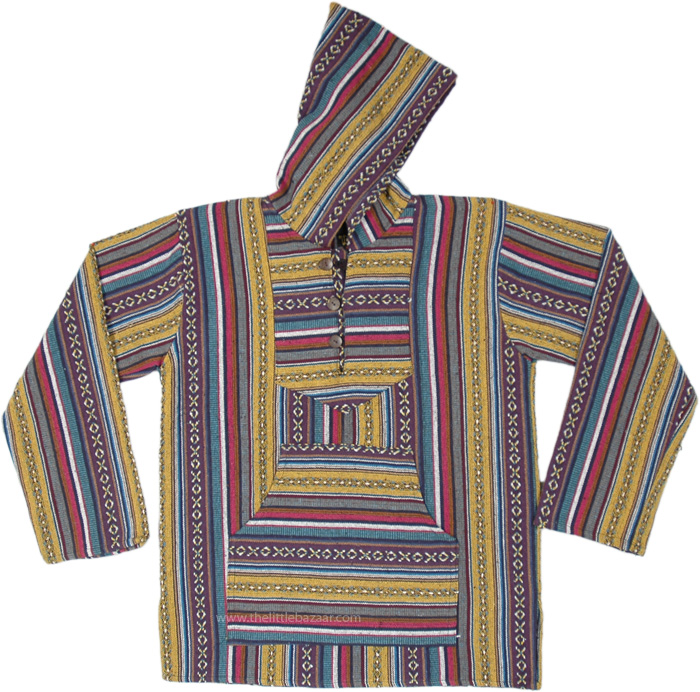 Hippie Pullover Jacket in Beige Striped Canvas and Hoodie